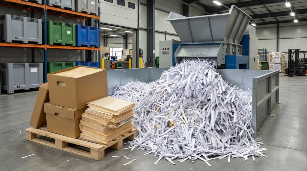 Industrial paper shredding machine processing shredded paper for recycling.