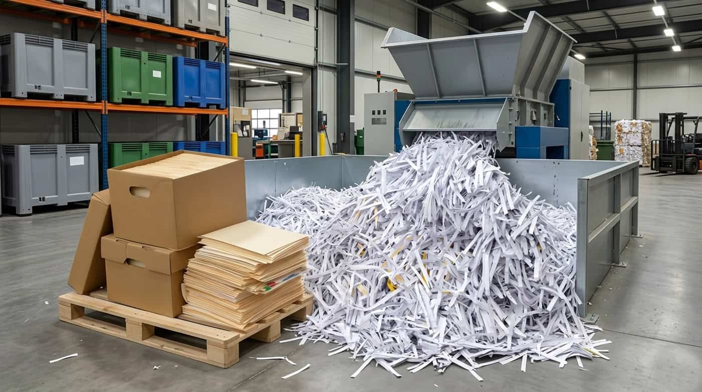 Industrial paper shredding machine processing shredded paper for recycling.