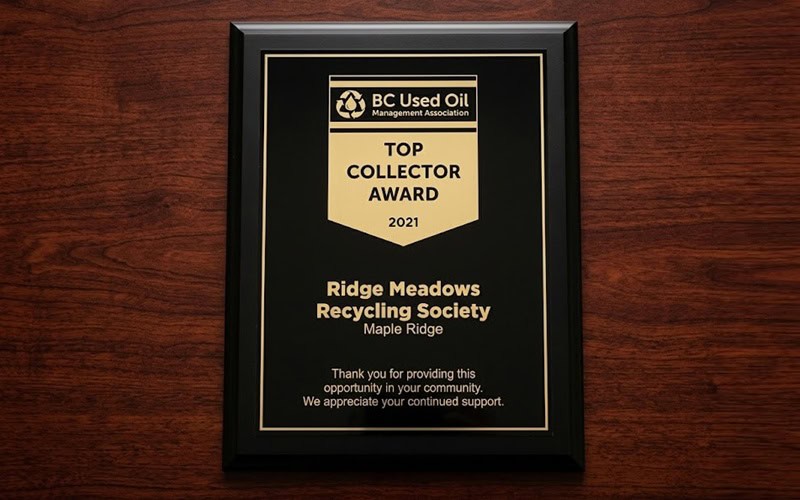 Ridge Meadows Recycling Society award plaque for top collector 2021.