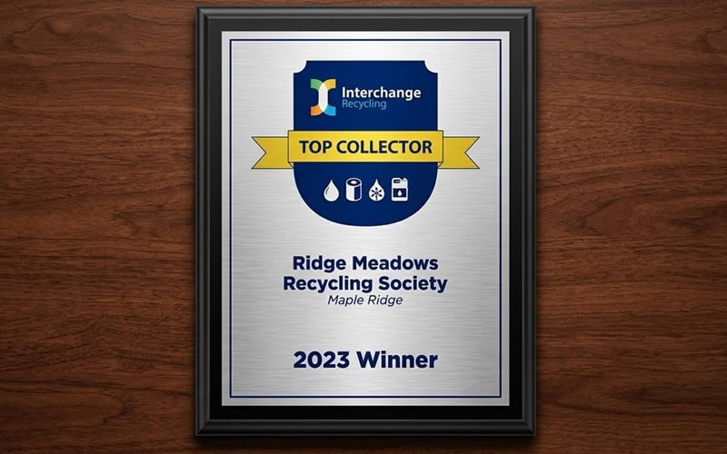 Ridge Meadows Recycling Society award plaque for top collector 2023.