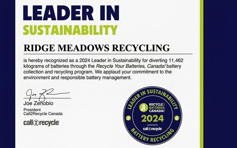 Ridge Meadows Recycling Society award for sustainability and battery recycling leadership.