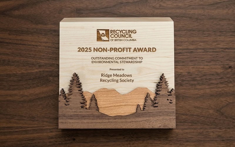 Ridge Meadows Recycling Society 2025 Non-Profit Award recognition plaque.