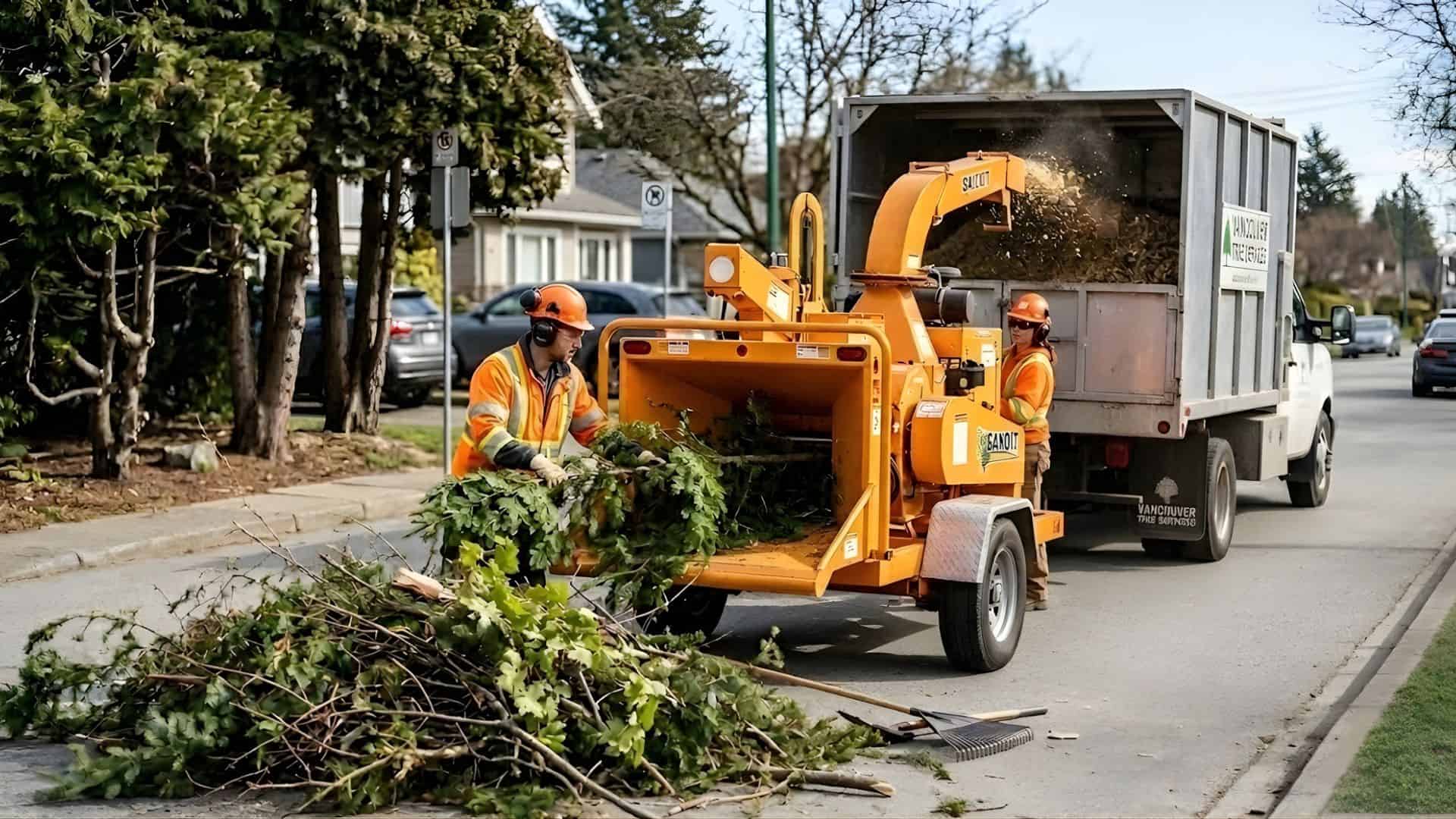 Workers operate a wood chipper processing tree branches on a residential street.