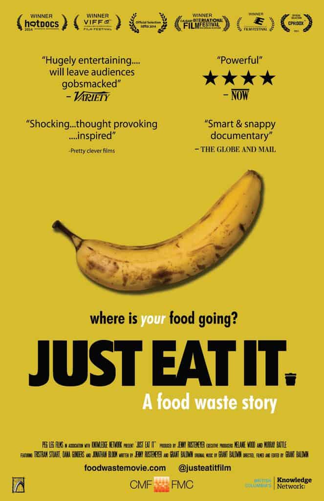 Food waste documentary poster with banana and film awards, promoting recycling awareness.