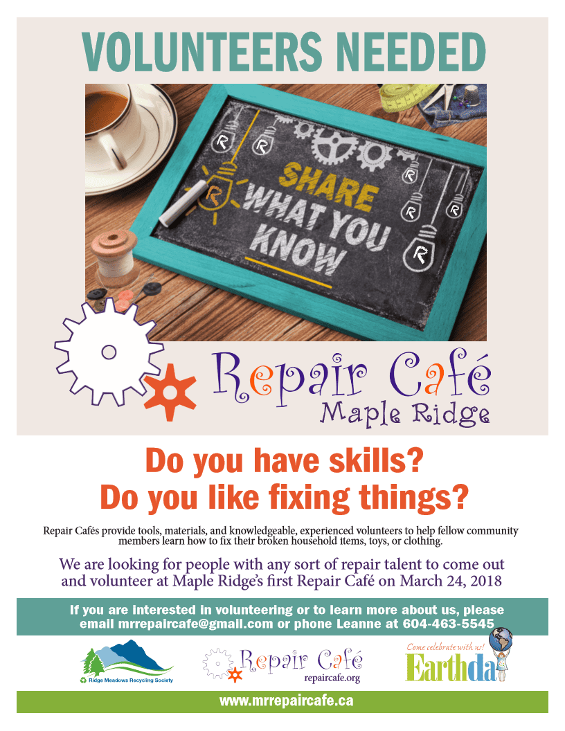 Volunteer opportunities at Maple Ridge Repair Café for community skills sharing.