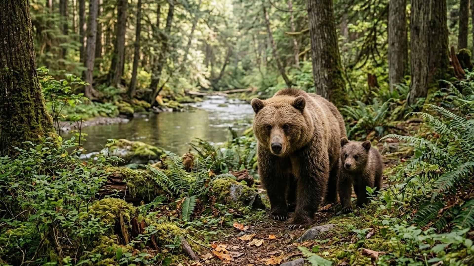 Bears in a forest promoting WildsafeBC wildlife safety program.