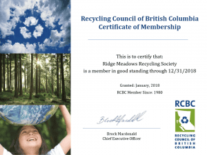 Certificate of Membership for Ridge Meadows Recycling Society.