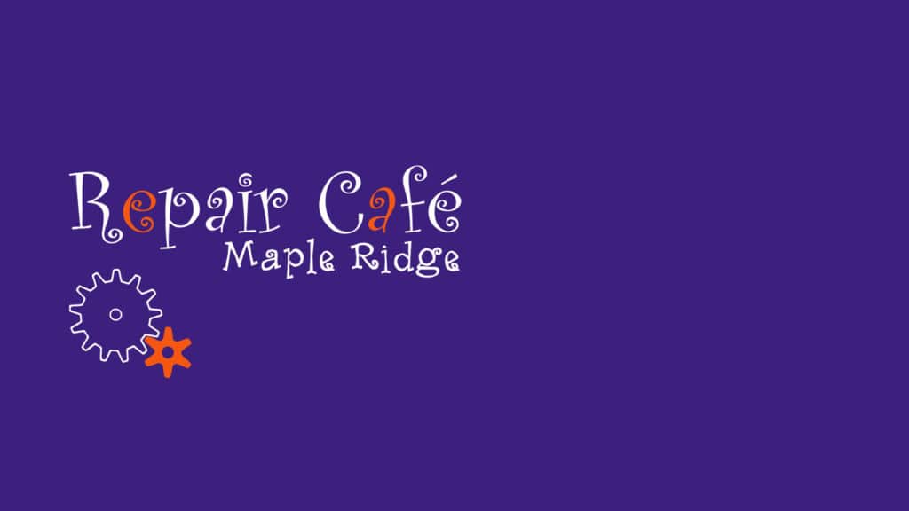 Repair Cafe Maple Ridge logo with gears on purple background.