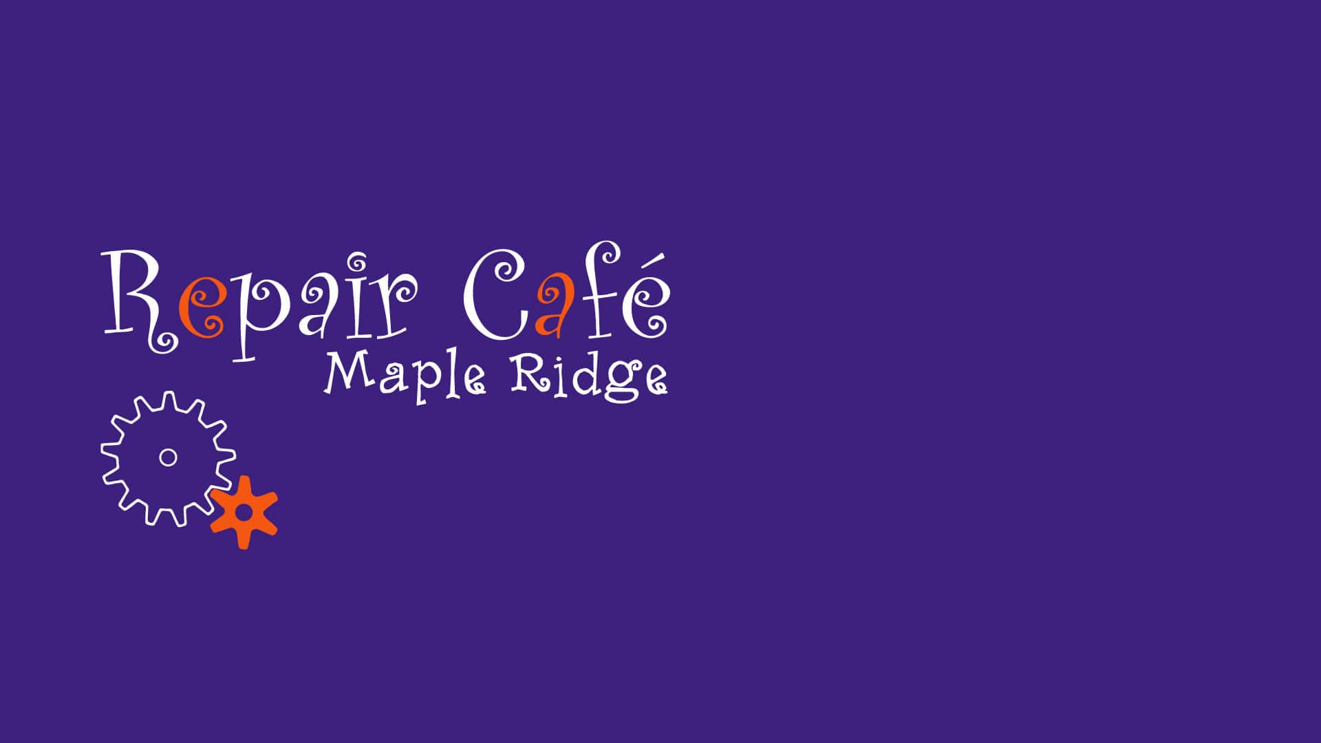 Repair Cafe Maple Ridge logo with gears on purple background.