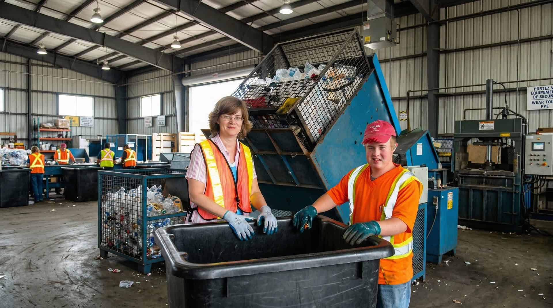 Recycling workers sorting materials at Ridge Meadows Recycling Society facility.