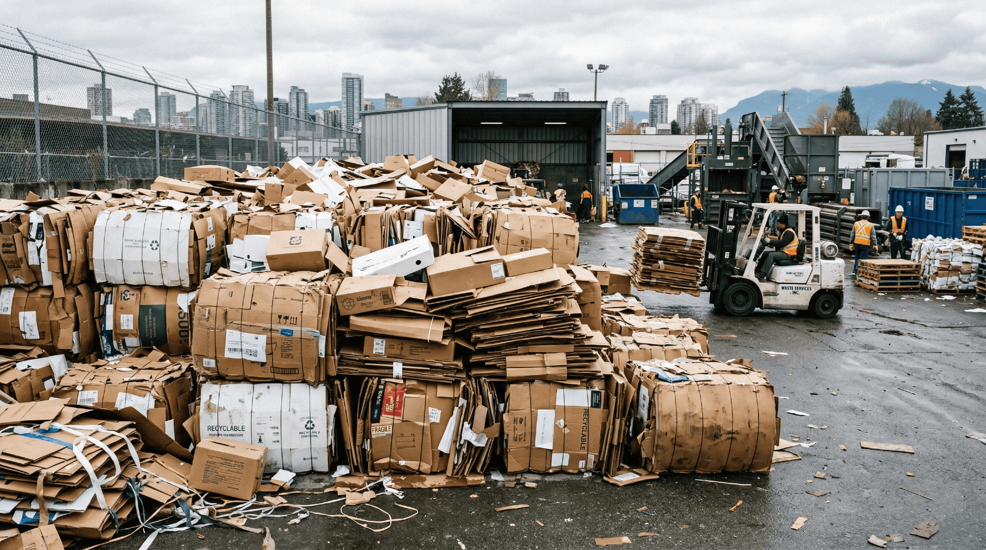 Piles of recycled cardboard and a forklift at Ridge Meadows Recycling Society.