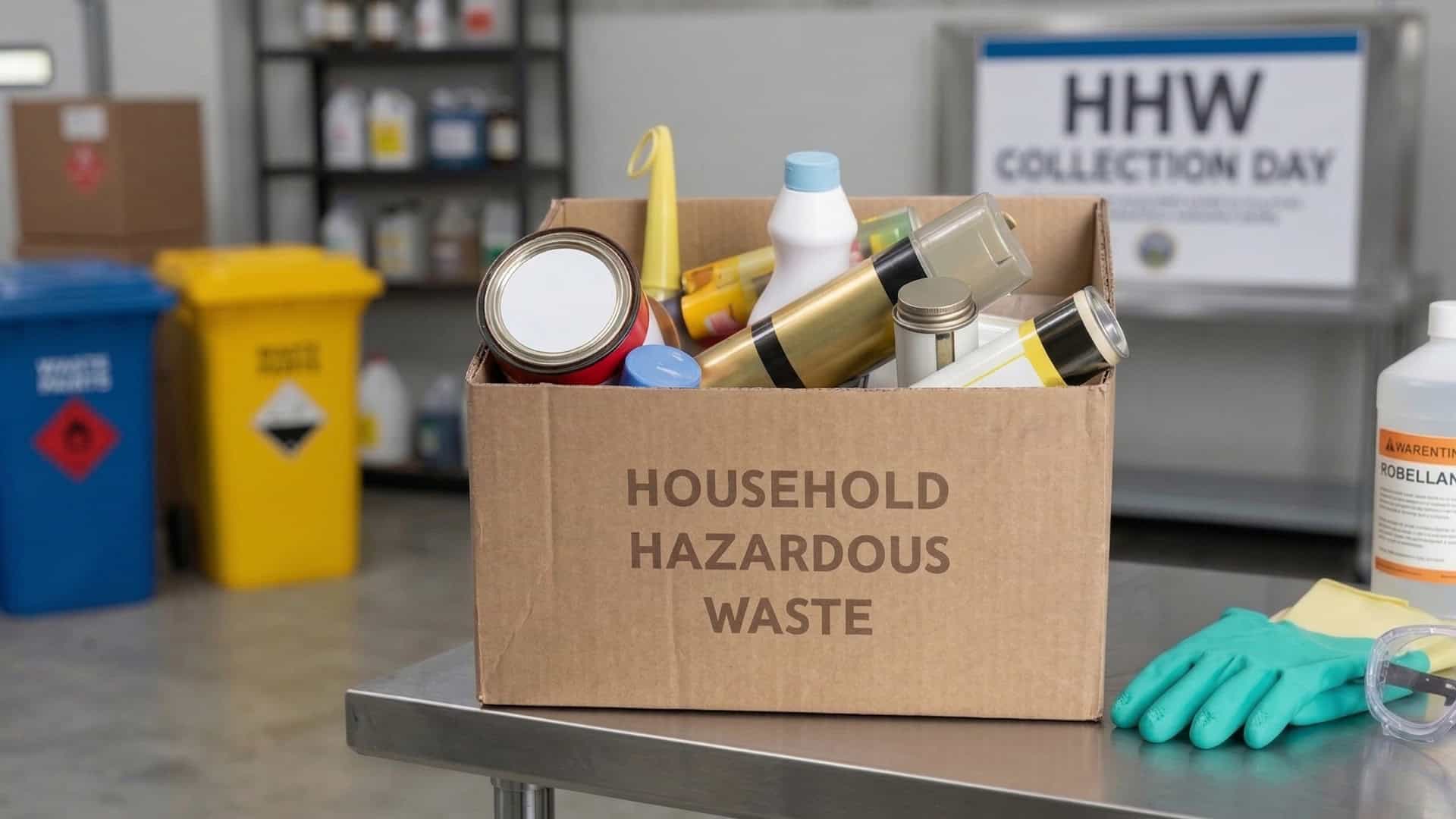 Household hazardous waste items in a box for recycling or disposal.