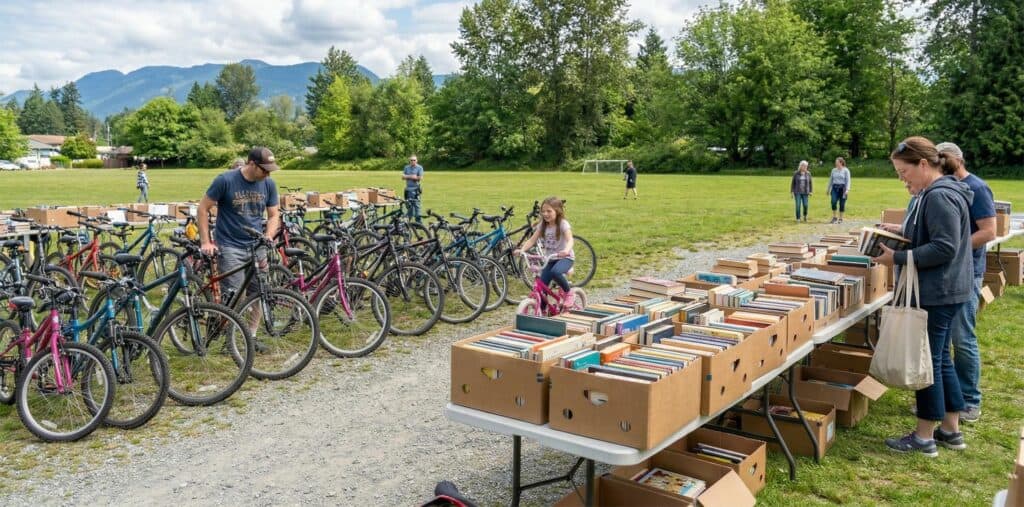Community recycling event with bikes and books at Ridge Meadows Recycling Society.