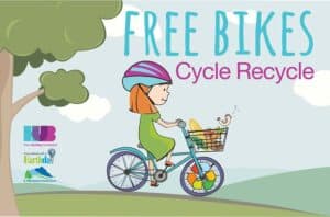 Illustration of a girl riding a bike with a basket, promoting free bikes and cycle recycling.