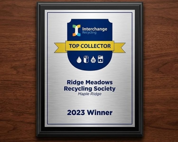 Ridge Meadows Recycling Society award plaque for top collector 2023.